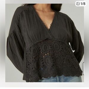 Women’s Lucky Brand Charcoal Lace Blouse boho babydoll gauzy crochet size M